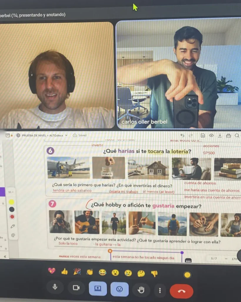 A student doing interactive Spanish exercises with Carlos in an online class